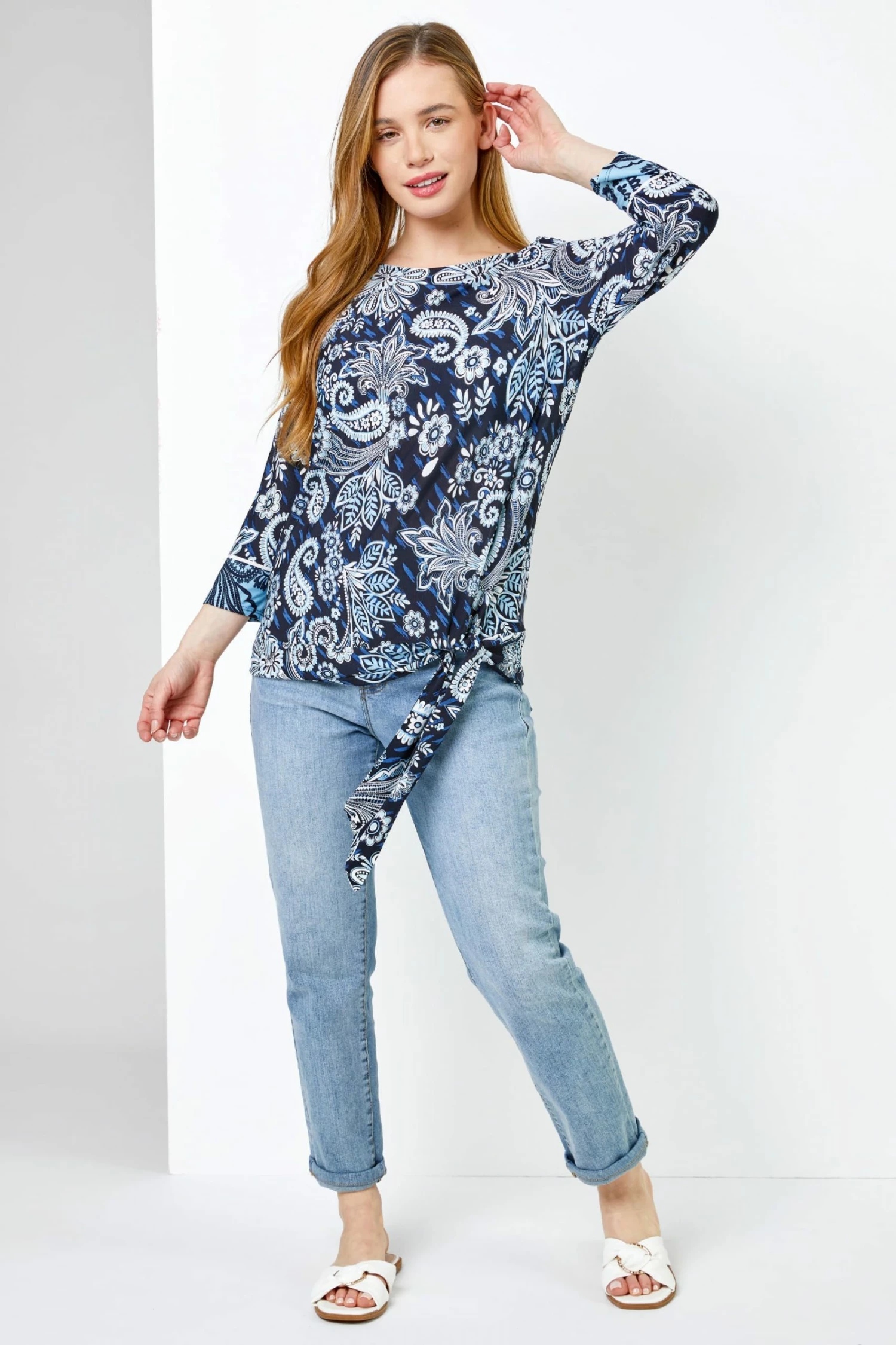 Roman Blue Petite Paisley Print Tie Side Top 5 Roman Blue Petite Paisley Print Tie Side Top - Image 3