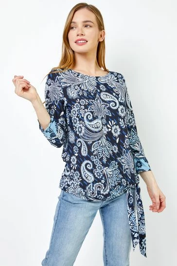 Roman Blue Petite Paisley Print Tie Side Top 7 Roman Blue Petite Paisley Print Tie Side Top - Image 5