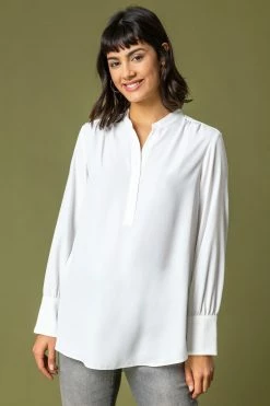 Roman Ivory Plain Chiffon Notch Neck Top
