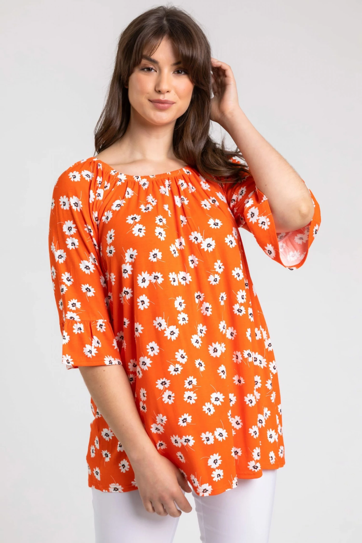 Roman Orange Curve Daisy Print Frill Sleeve Top 3 Roman Orange Curve Daisy Print Frill Sleeve Top