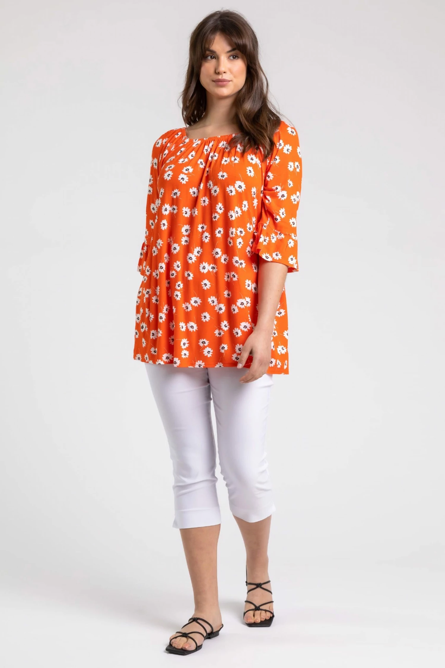 Roman Orange Curve Daisy Print Frill Sleeve Top 4 Roman Orange Curve Daisy Print Frill Sleeve Top - Image 2