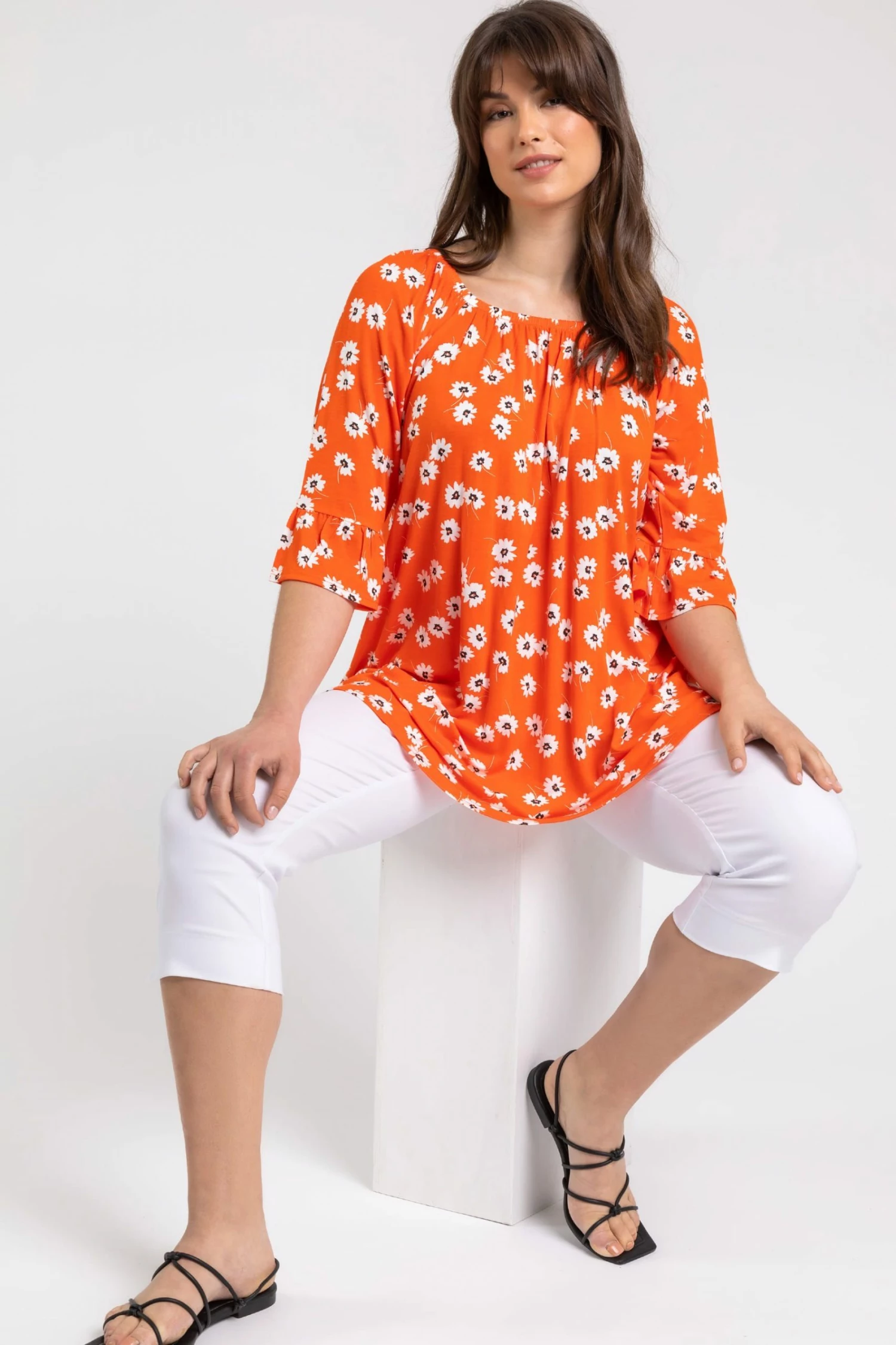 Roman Orange Curve Daisy Print Frill Sleeve Top 6 Roman Orange Curve Daisy Print Frill Sleeve Top - Image 4