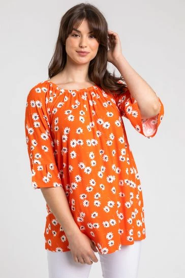Roman Orange Curve Daisy Print Frill Sleeve Top 7 Roman Orange Curve Daisy Print Frill Sleeve Top - Image 5