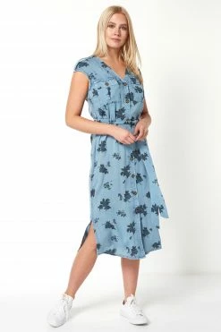 Roman Blue Floral Print Utility Midi Dress