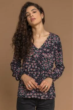 Roman Black Ditsy Floral Print Peplum Top