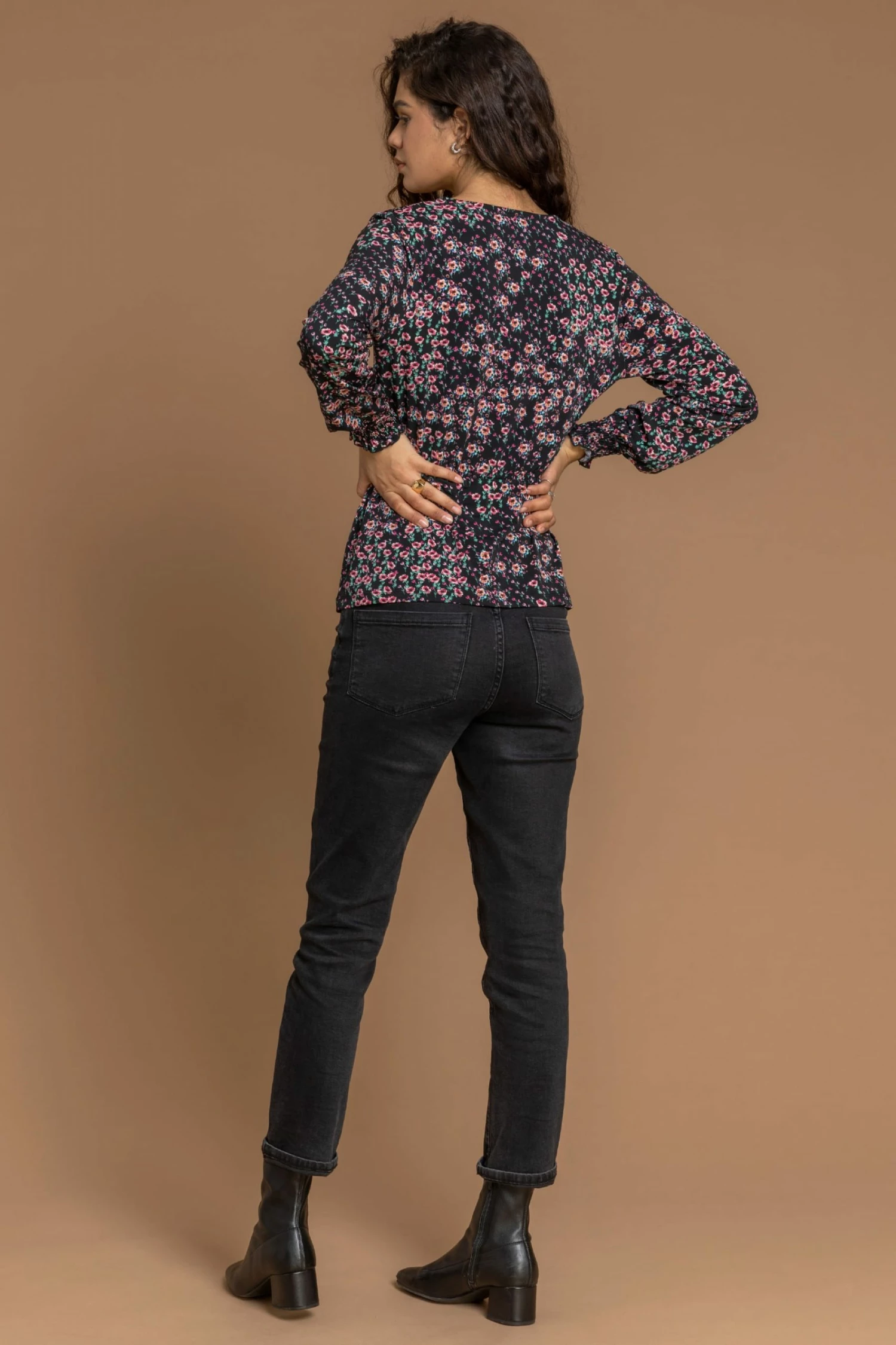 Roman Black Ditsy Floral Print Peplum Top 5 Roman Black Ditsy Floral Print Peplum Top - Image 3