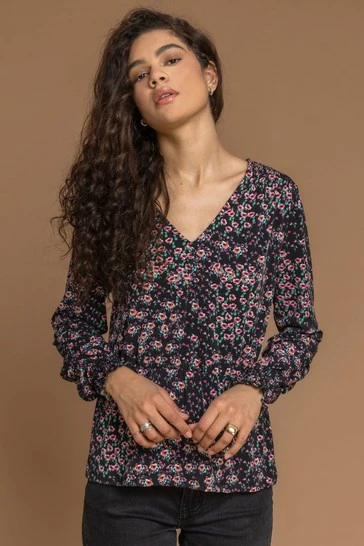 Roman Black Ditsy Floral Print Peplum Top 7 Roman Black Ditsy Floral Print Peplum Top - Image 5