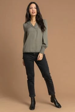 Roman Green Chiffon Shirred Cuff Button Detail Top -Roman Sales Shop unnamed file 7079