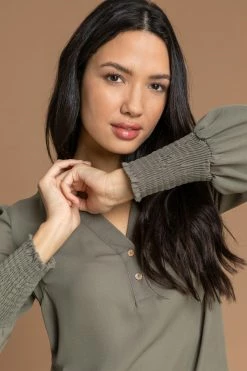 Roman Green Chiffon Shirred Cuff Button Detail Top -Roman Sales Shop unnamed file 7081