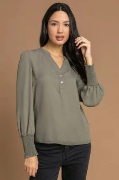Roman Green Chiffon Shirred Cuff Button Detail Top -Roman Sales Shop unnamed file 7082