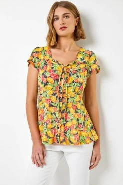 Roman Yellow Lemon Print Tie Detail Top -Roman Sales Shop unnamed file 7087
