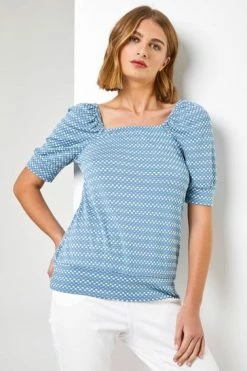 Roman Blue Textured Spot Print Square Neck Top -Roman Sales Shop unnamed file 7097