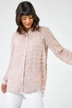 Roman Powder Pink Textured Spot Button Up Blouse