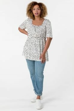 Roman White Curve Spot Print Gathered Top