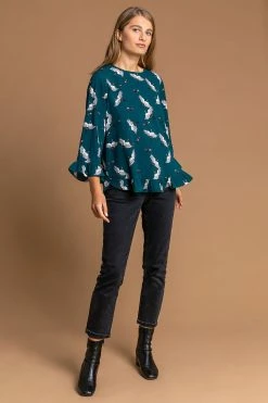 Roman Blue Bird Print Frill Hem Top