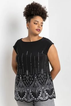 Roman Silver Curve Art Deco Glitter Print Top