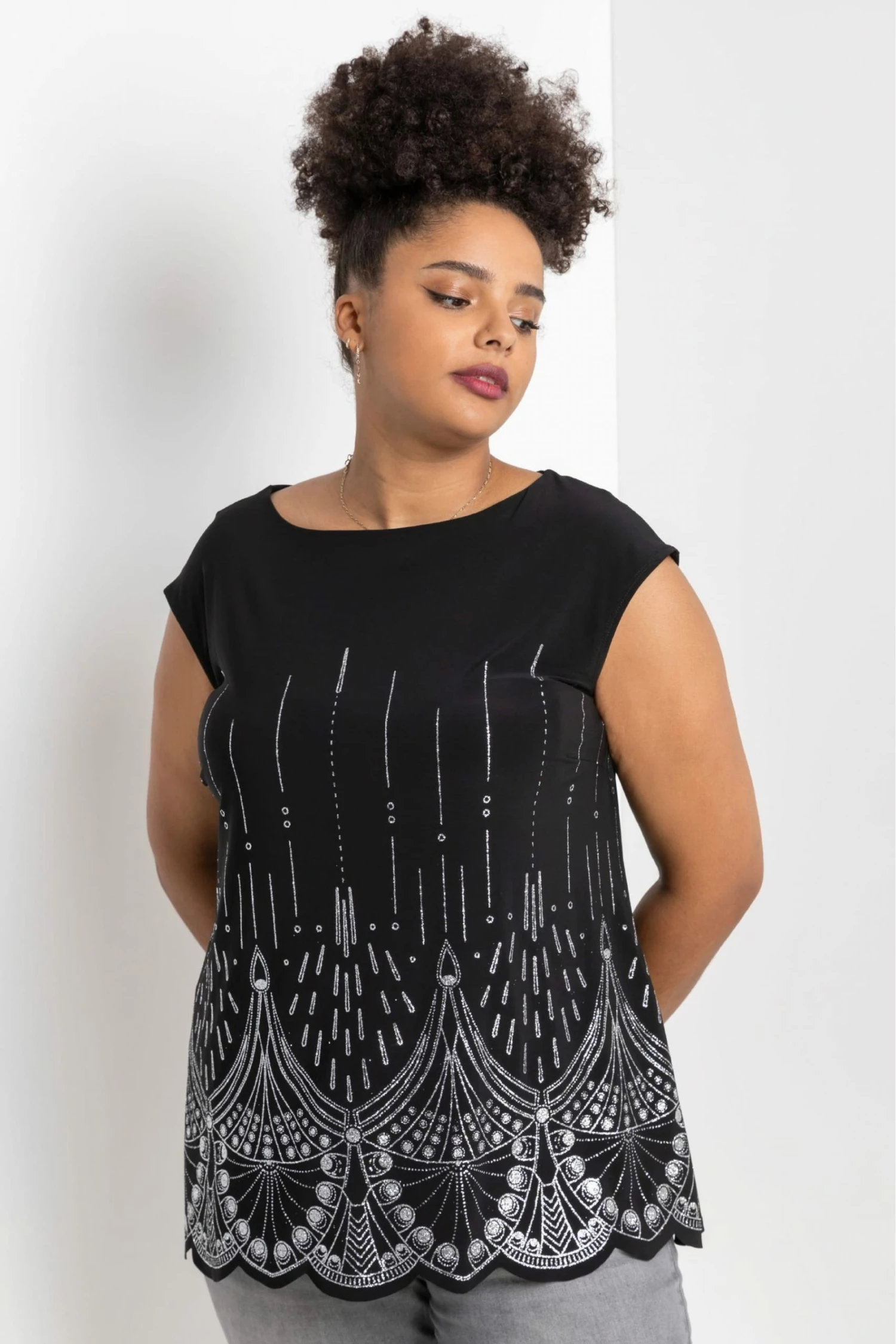 Roman Silver Curve Art Deco Glitter Print Top 3 Roman Silver Curve Art Deco Glitter Print Top