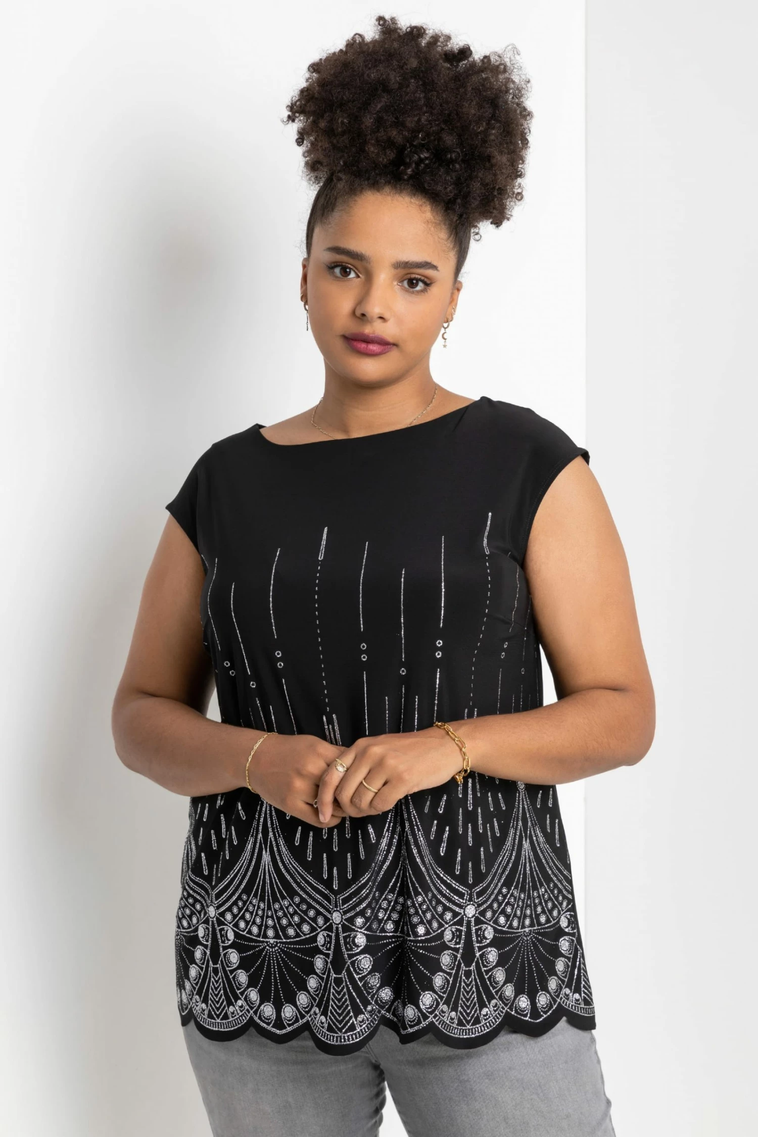 Roman Silver Curve Art Deco Glitter Print Top 7 Roman Silver Curve Art Deco Glitter Print Top - Image 5
