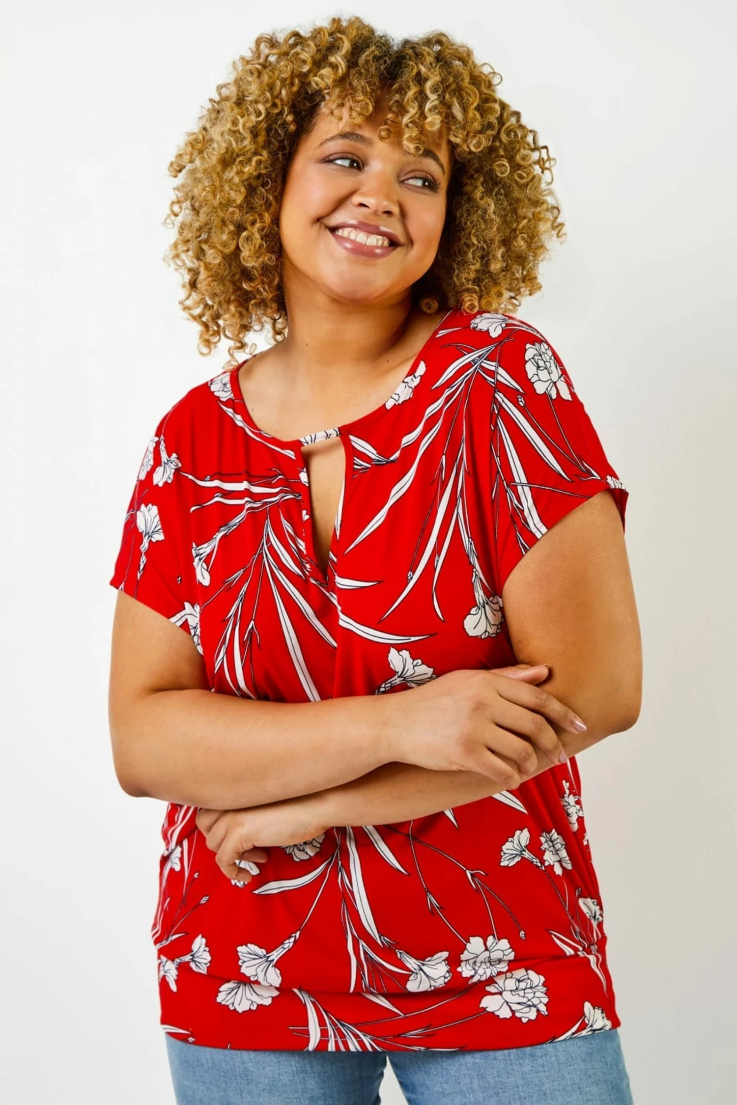 Roman Red Curve Floral Print Keyhole Detail Top 3 Roman Red Curve Floral Print Keyhole Detail Top