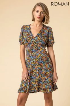 Roman Orange Ditsy Floral Frill Detail Tea Dress