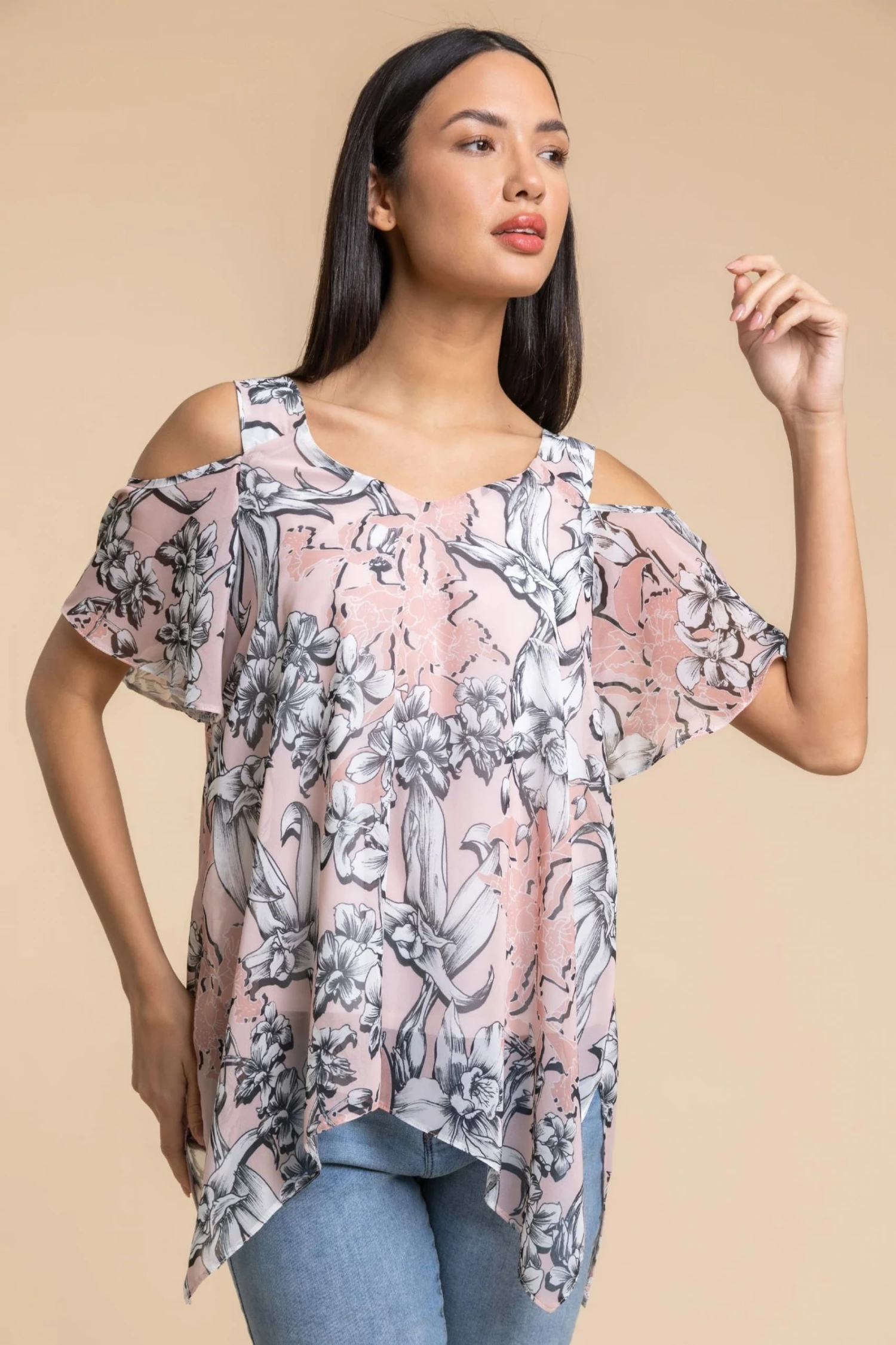 Roman Pink Linear Floral Print Cold Shoulder Top 3 Roman Pink Linear Floral Print Cold Shoulder Top