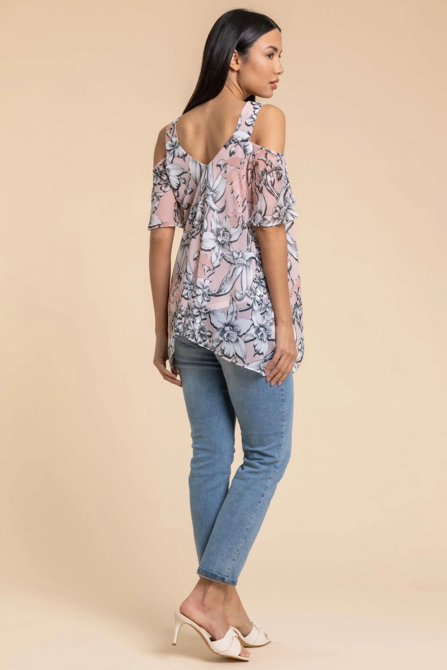 Roman Pink Linear Floral Print Cold Shoulder Top 4 Roman Pink Linear Floral Print Cold Shoulder Top - Image 2