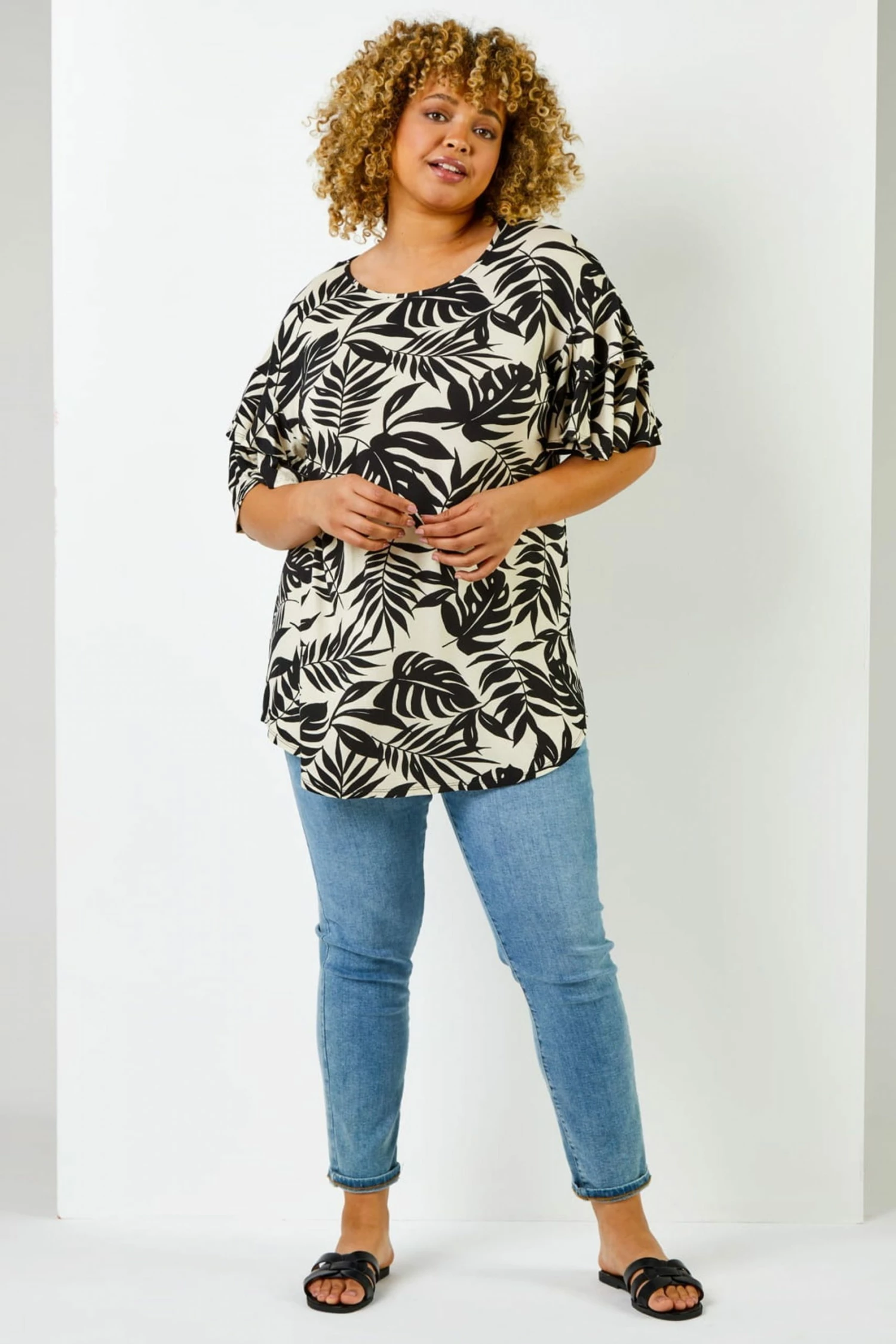 Roman Black Curve Tropical Leaf Print Frill Sleeve Top 4 Roman Black Curve Tropical Leaf Print Frill Sleeve Top - Image 2