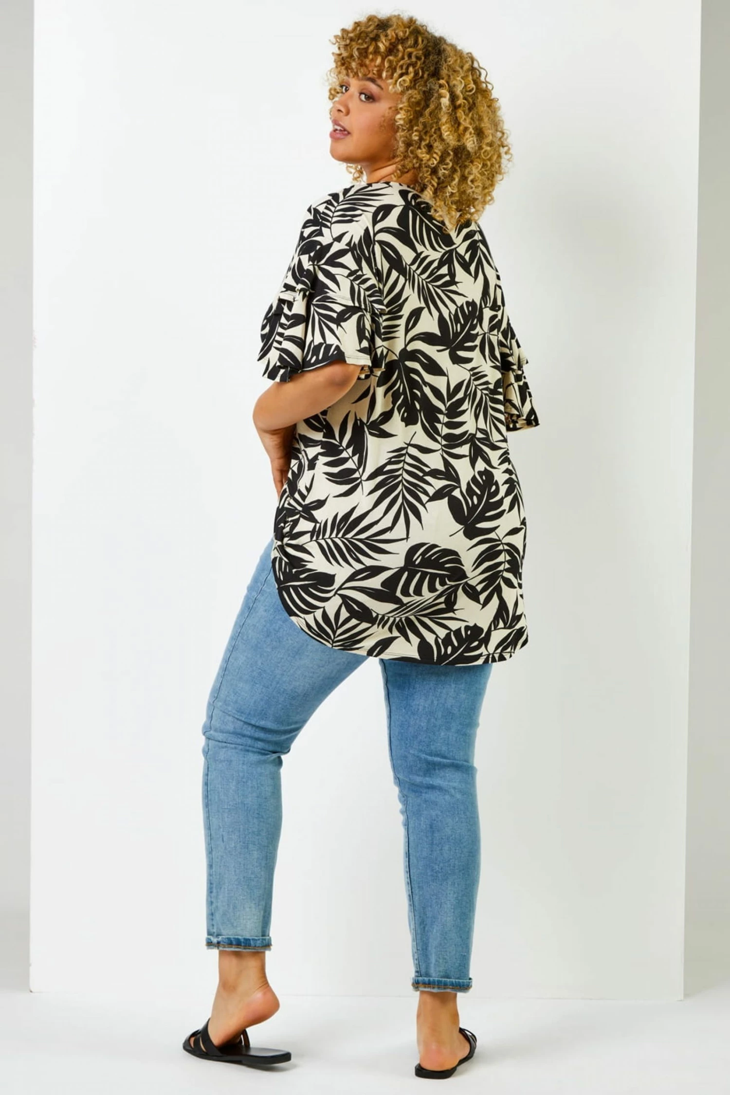 Roman Black Curve Tropical Leaf Print Frill Sleeve Top 5 Roman Black Curve Tropical Leaf Print Frill Sleeve Top - Image 3