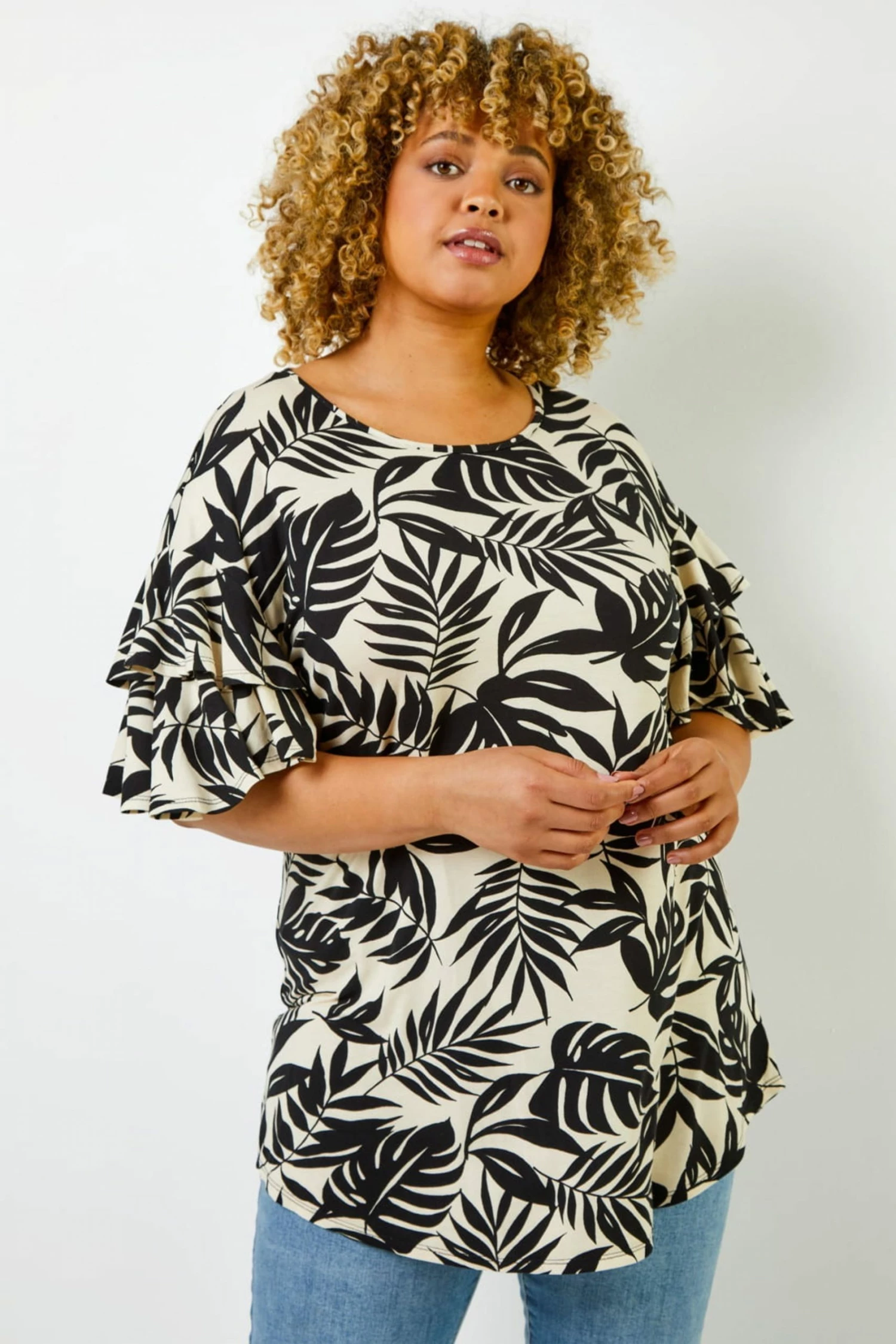 Roman Black Curve Tropical Leaf Print Frill Sleeve Top 6 Roman Black Curve Tropical Leaf Print Frill Sleeve Top - Image 4