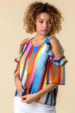 Roman Multi Stripe Print Cold Shoulder Frill Top -Roman Sales Shop unnamed file 7198