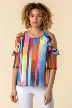 Roman Multi Stripe Print Cold Shoulder Frill Top -Roman Sales Shop unnamed file 7200
