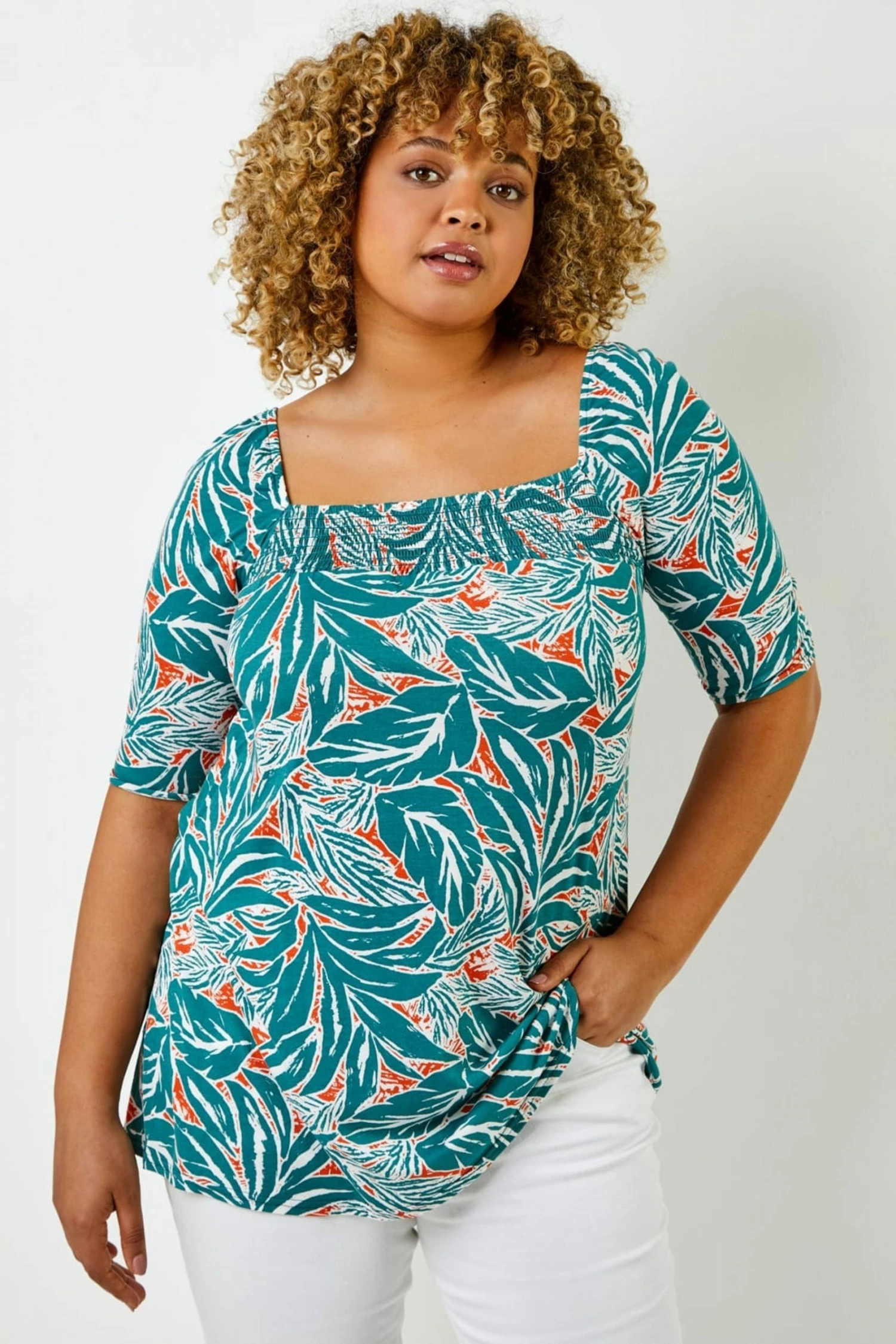 Roman Green Curve Tropical Print Shirred Detail Top 3 Roman Green Curve Tropical Print Shirred Detail Top