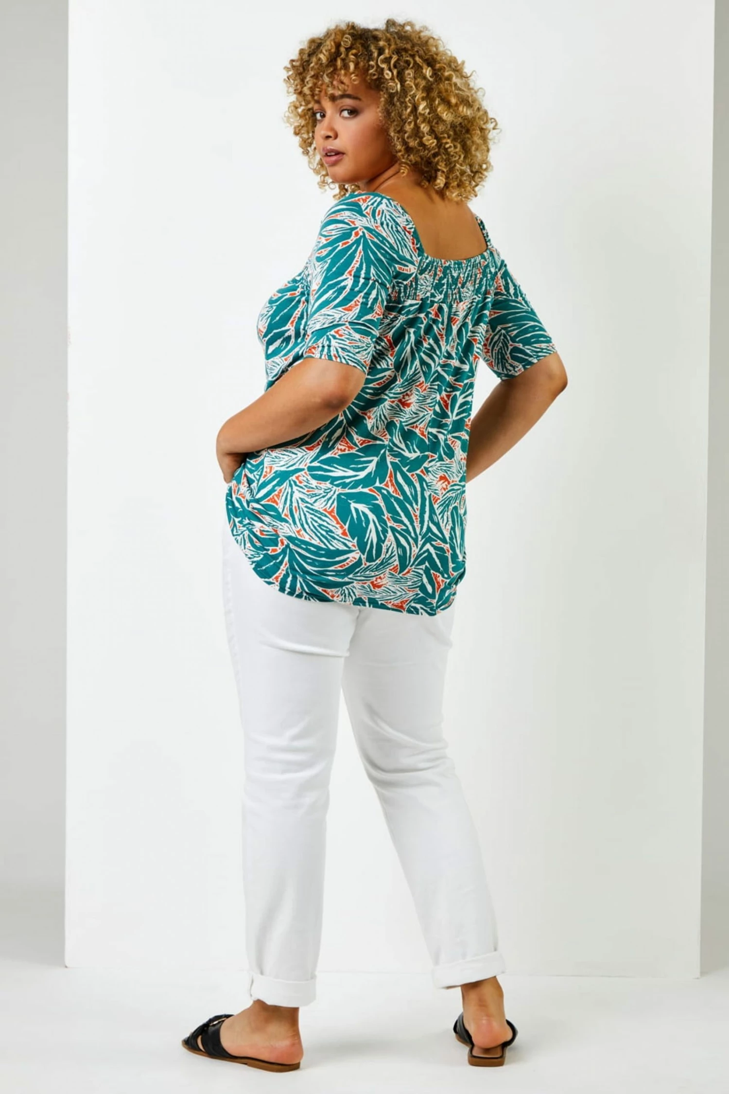 Roman Green Curve Tropical Print Shirred Detail Top 5 Roman Green Curve Tropical Print Shirred Detail Top - Image 3
