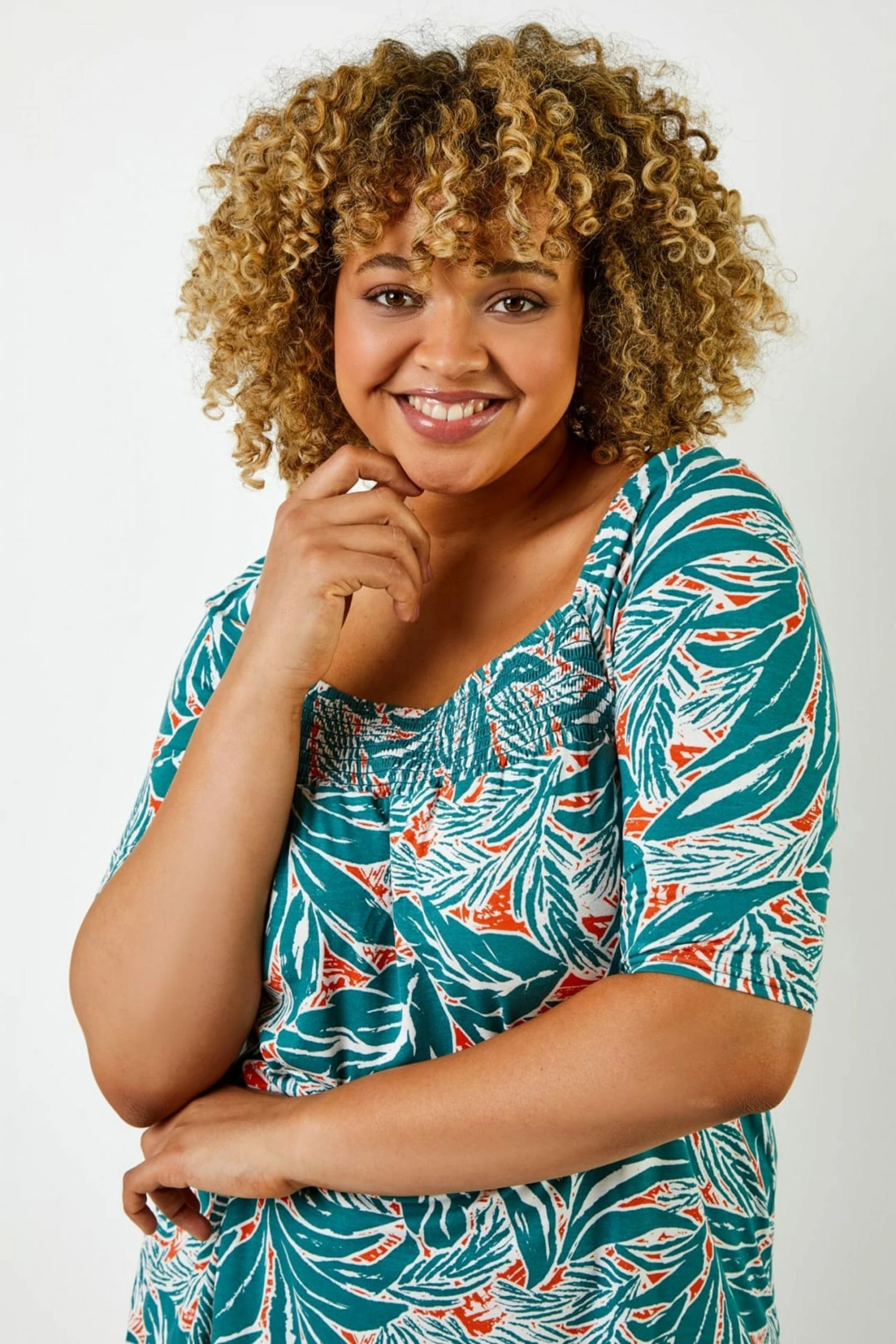 Roman Green Curve Tropical Print Shirred Detail Top 6 Roman Green Curve Tropical Print Shirred Detail Top - Image 4