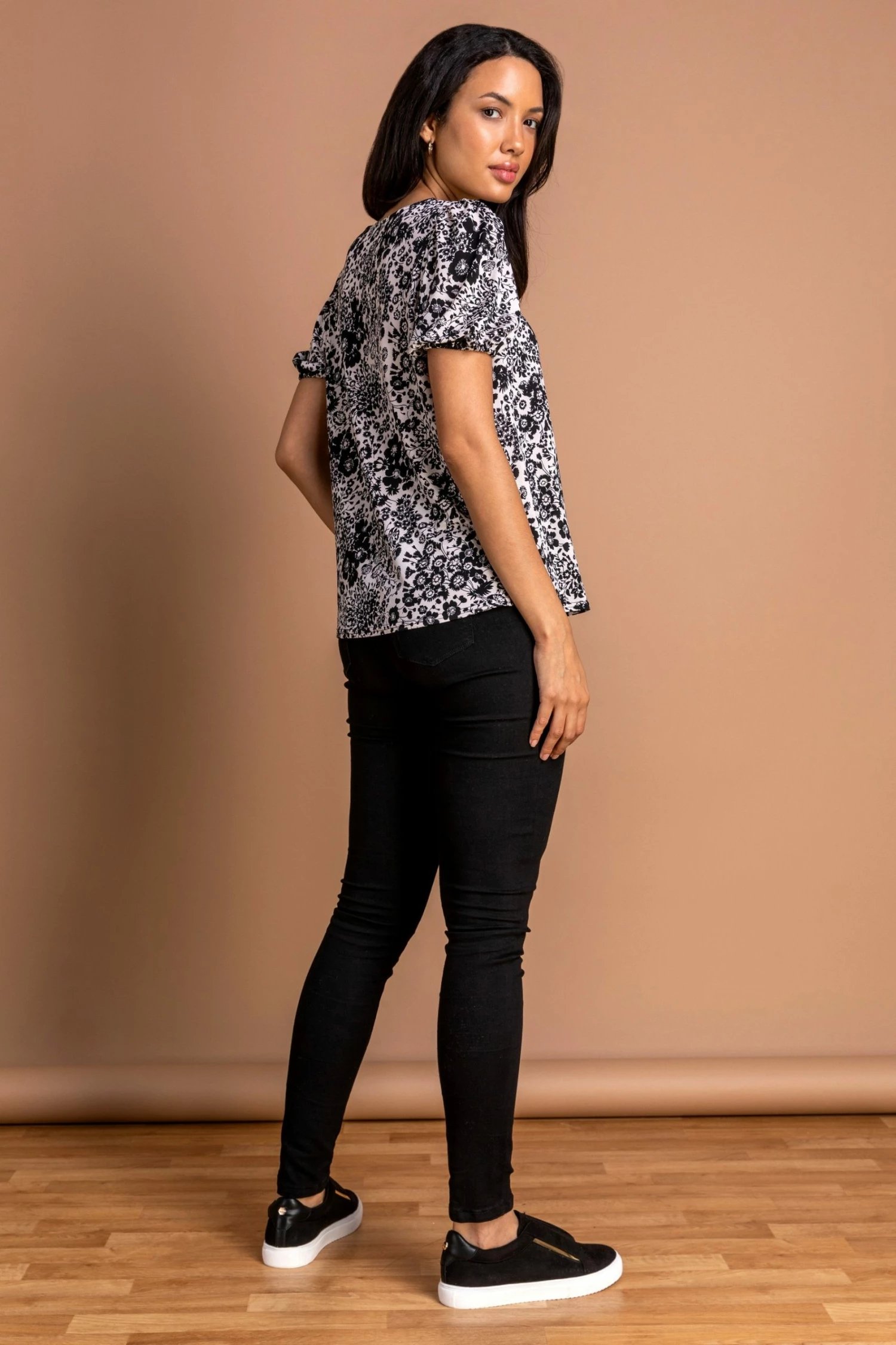 Roman Black Floral Print Gathered Detail Top 4 Roman Black Floral Print Gathered Detail Top - Image 2