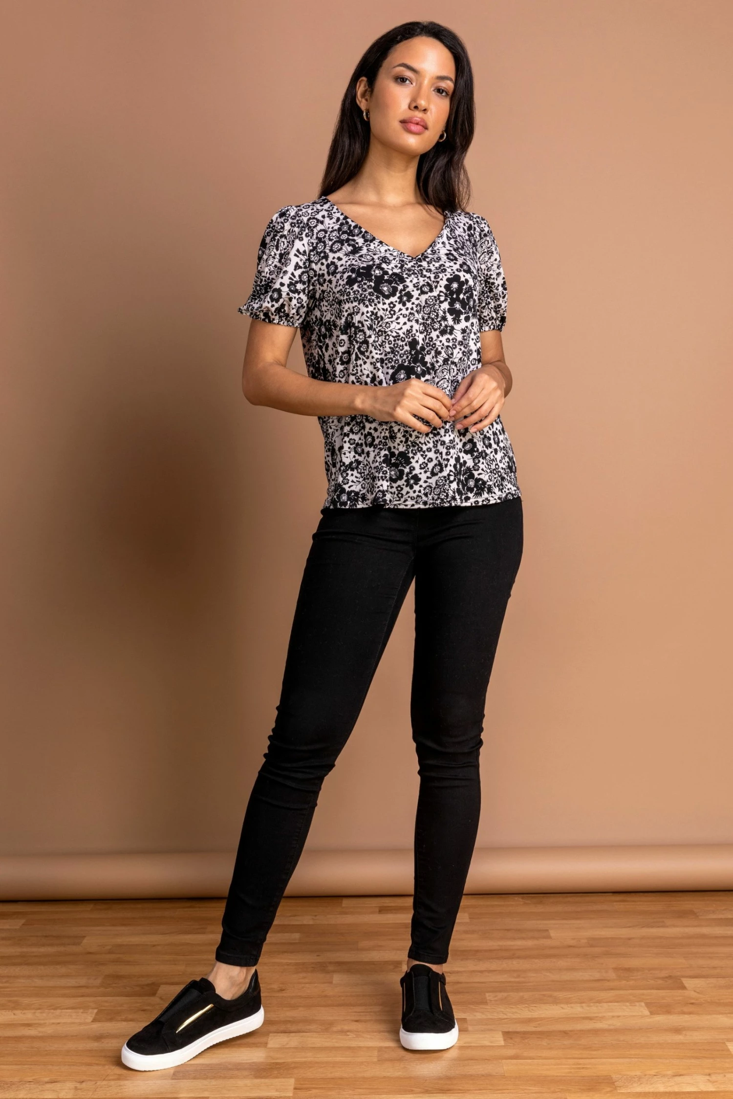 Roman Black Floral Print Gathered Detail Top 6 Roman Black Floral Print Gathered Detail Top - Image 4