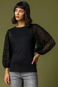 Roman Black Animal Print Mesh Sleeve Top