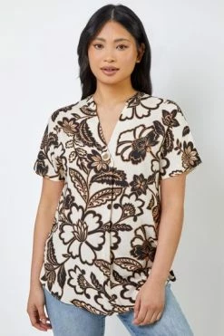 Roman Brown & White Petite Floral Print Notch Neck Top 11 Roman Brown & White Petite Floral Print Notch Neck Top -Roman Sales Shop unnamed file 7246