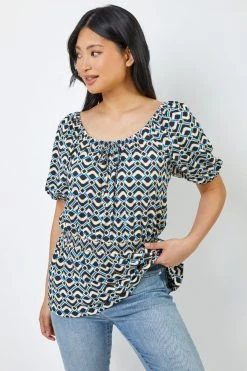 Roman Blue Petite Geo Print Shirred Waist Top