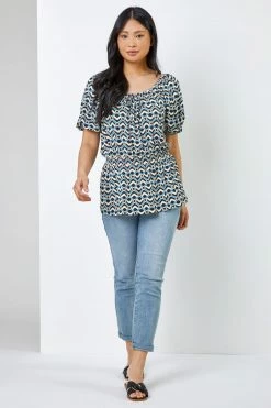 Roman Blue Petite Geo Print Shirred Waist Top 9 Roman Blue Petite Geo Print Shirred Waist Top -Roman Sales Shop unnamed file 7249