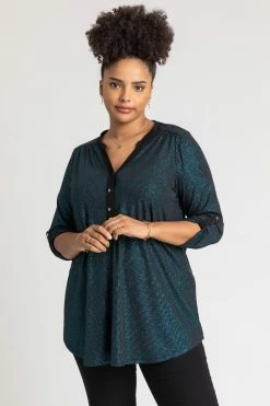 Roman Green Curve Glitter Stripe Button Detail Top