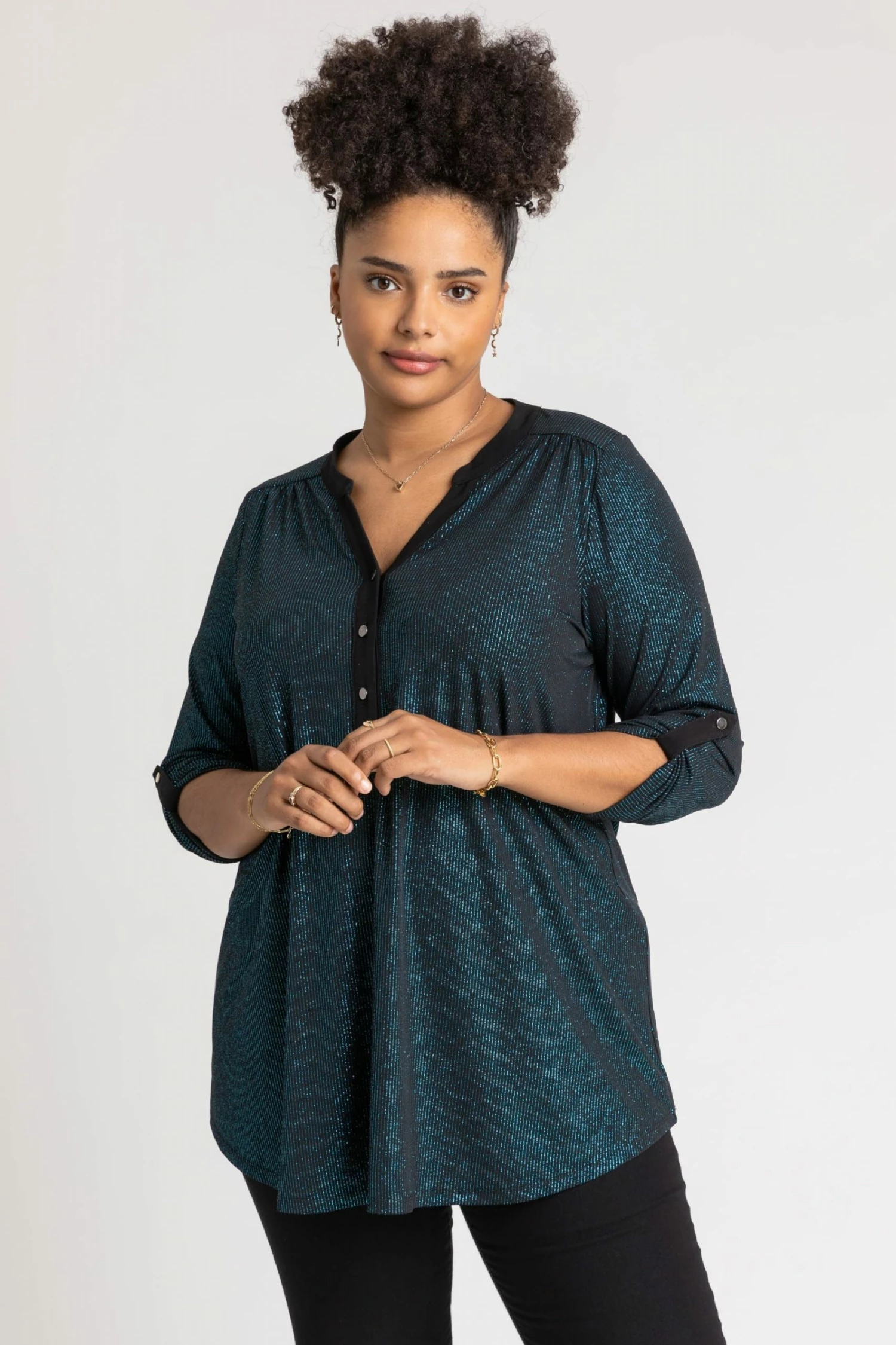 Roman Green Curve Glitter Stripe Button Detail Top 3 Roman Green Curve Glitter Stripe Button Detail Top