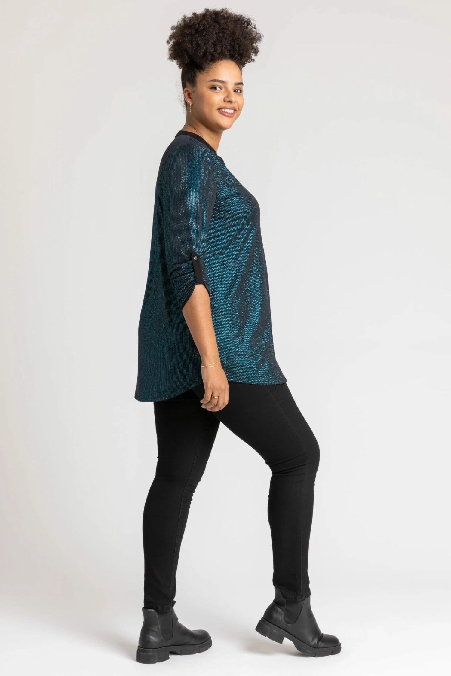 Roman Green Curve Glitter Stripe Button Detail Top 4 Roman Green Curve Glitter Stripe Button Detail Top - Image 2