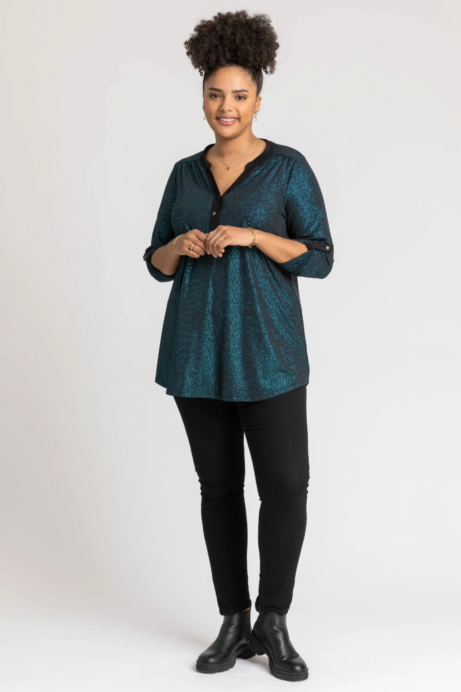 Roman Green Curve Glitter Stripe Button Detail Top 5 Roman Green Curve Glitter Stripe Button Detail Top - Image 3