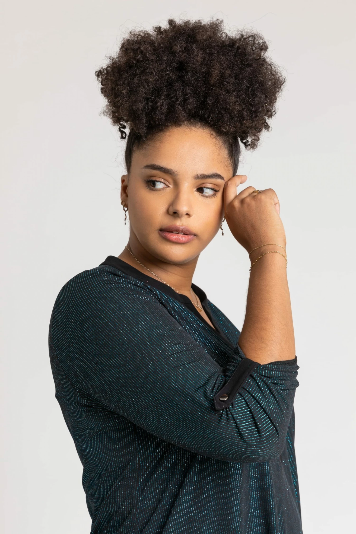 Roman Green Curve Glitter Stripe Button Detail Top 6 Roman Green Curve Glitter Stripe Button Detail Top - Image 4