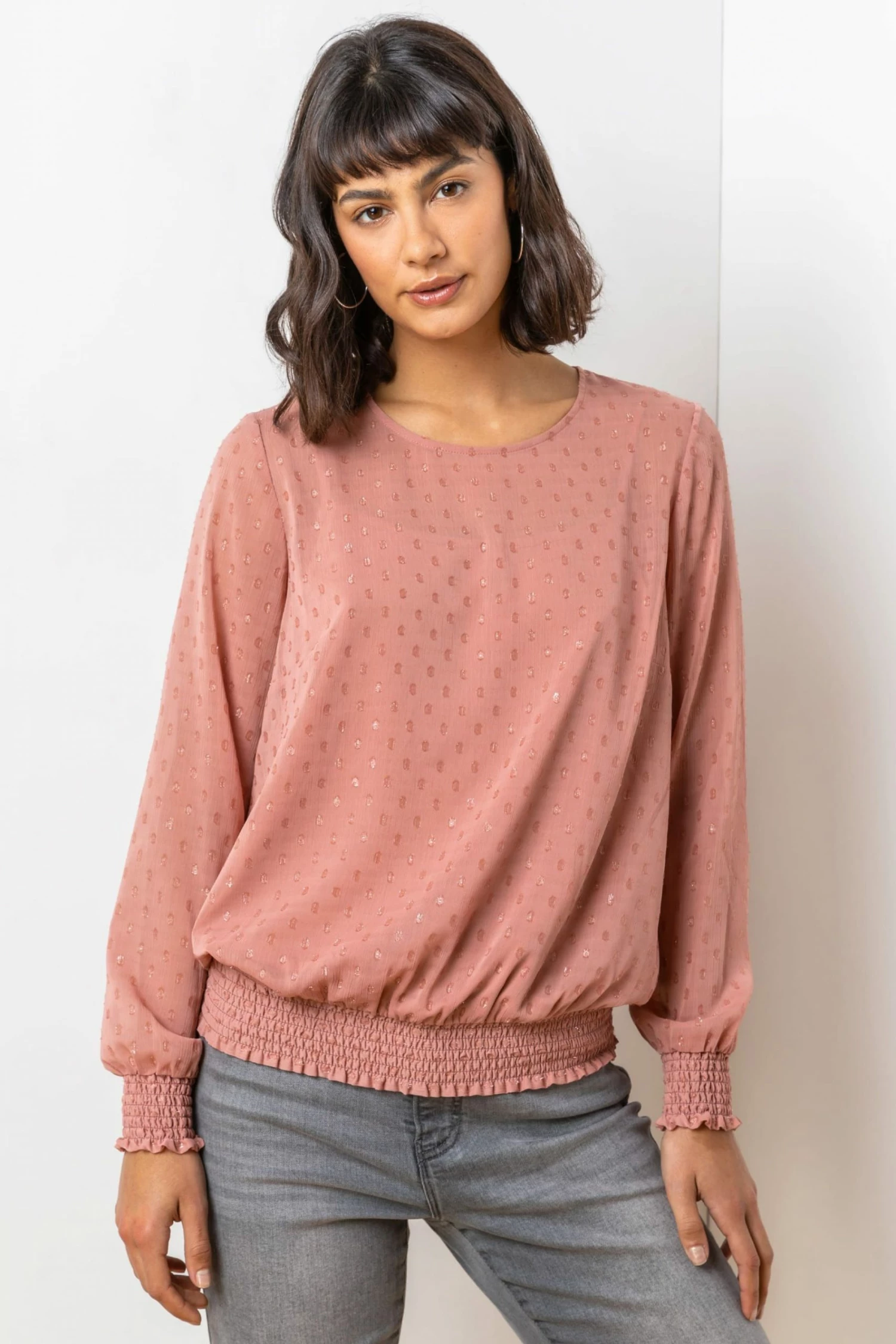Roman Pink Textured Spot Shirred Shimmer Top 3 Roman Pink Textured Spot Shirred Shimmer Top