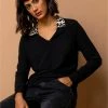 Roman Black Animal Print Collar Ribbed Top