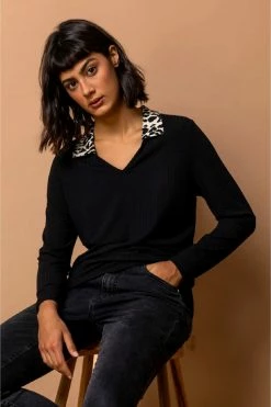 Roman Black Animal Print Collar Ribbed Top