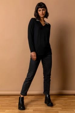 Roman Black Animal Print Collar Ribbed Top -Roman Sales Shop unnamed file 7278