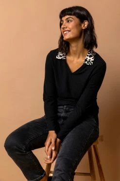 Roman Black Animal Print Collar Ribbed Top -Roman Sales Shop unnamed file 7279